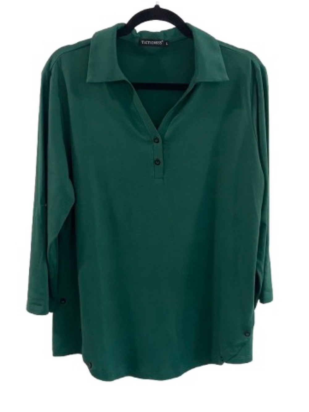 Ticticmiss Polo Blouse Collared V Neck Roll Tab Sleeve Green Women’s Size L